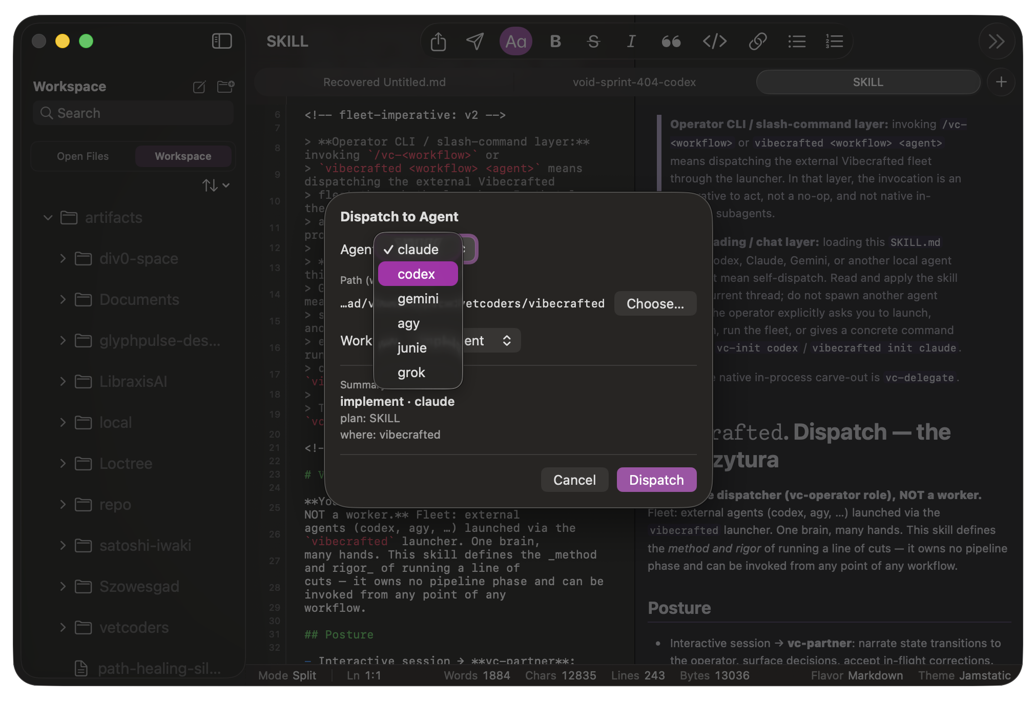 Pensieve editing a Markdown file in split mode, with the workspace sidebar and the Dispatch to Agent sheet open